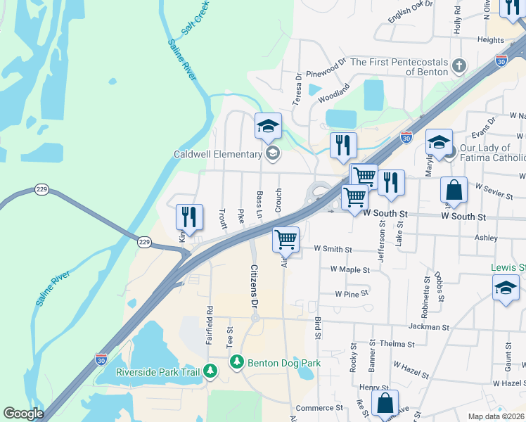 map of restaurants, bars, coffee shops, grocery stores, and more near 202 Crouch in Benton