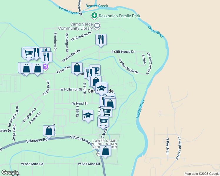 map of restaurants, bars, coffee shops, grocery stores, and more near 75 East Hollamon Street in Camp Verde