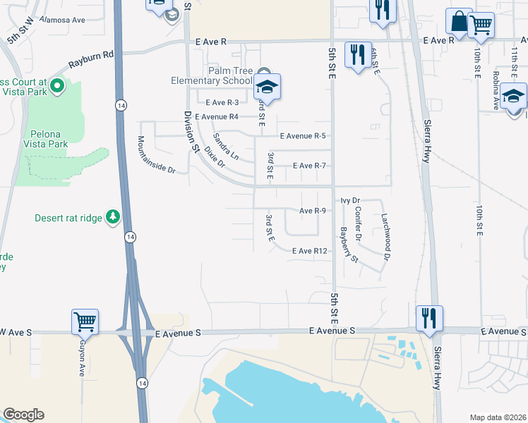 map of restaurants, bars, coffee shops, grocery stores, and more near 37469 3rd Street East in Palmdale