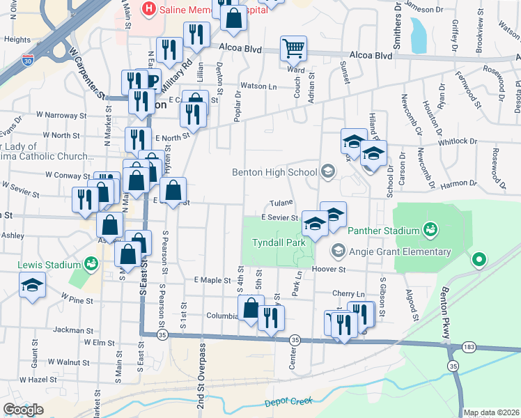 map of restaurants, bars, coffee shops, grocery stores, and more near 802 Tulane in Benton