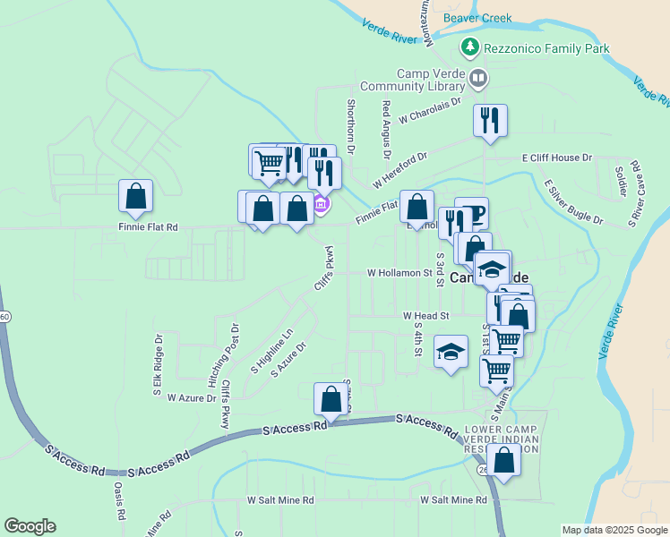 map of restaurants, bars, coffee shops, grocery stores, and more near 343 South 7th Street in Camp Verde