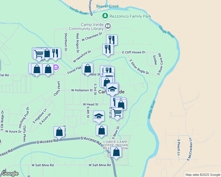 map of restaurants, bars, coffee shops, grocery stores, and more near 300 Arizona 260 in Camp Verde