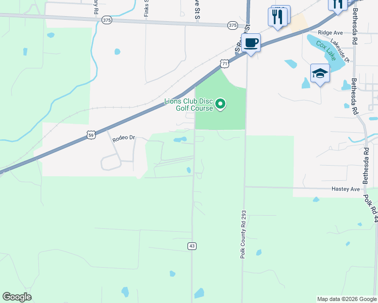 map of restaurants, bars, coffee shops, grocery stores, and more near 155 Polk Road 43 in Mena