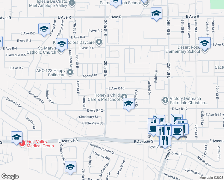 map of restaurants, bars, coffee shops, grocery stores, and more near 37484 Cambridge Lane in Palmdale