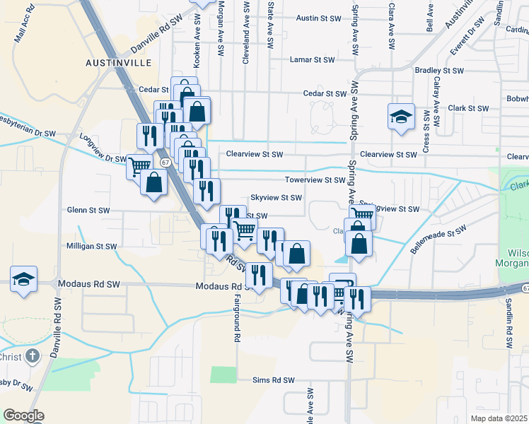 map of restaurants, bars, coffee shops, grocery stores, and more near 1210 Clarkview Street Southwest in Decatur