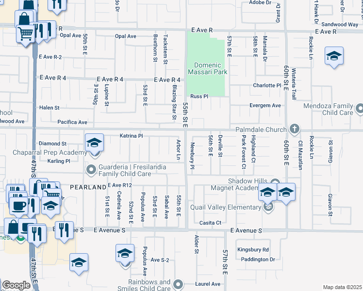 map of restaurants, bars, coffee shops, grocery stores, and more near 37530 Arbor Lane in Palmdale