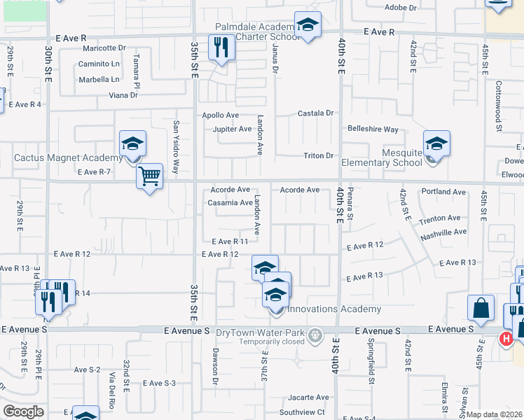 map of restaurants, bars, coffee shops, grocery stores, and more near 3648 Casamia Avenue in Palmdale