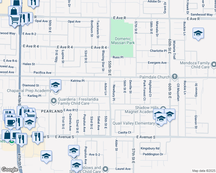 map of restaurants, bars, coffee shops, grocery stores, and more near 37530 Arbor Lane in Palmdale
