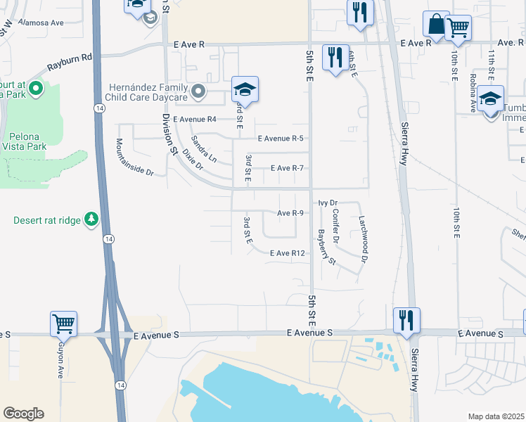 map of restaurants, bars, coffee shops, grocery stores, and more near Avenue R-9 in Palmdale