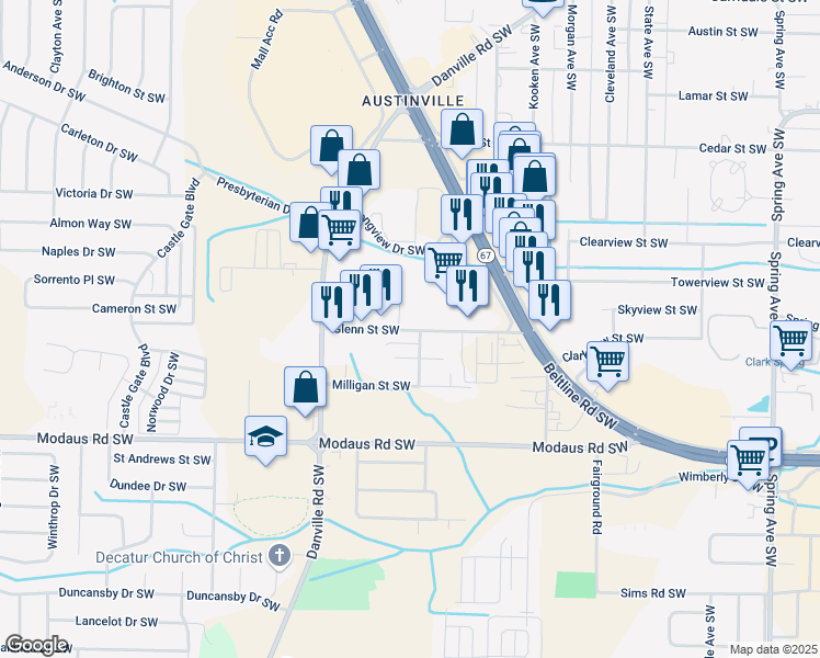 map of restaurants, bars, coffee shops, grocery stores, and more near 1808 Glenn Street Southwest in Decatur