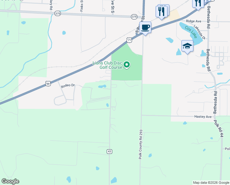 map of restaurants, bars, coffee shops, grocery stores, and more near 155 Polk County Road 43 in Mena