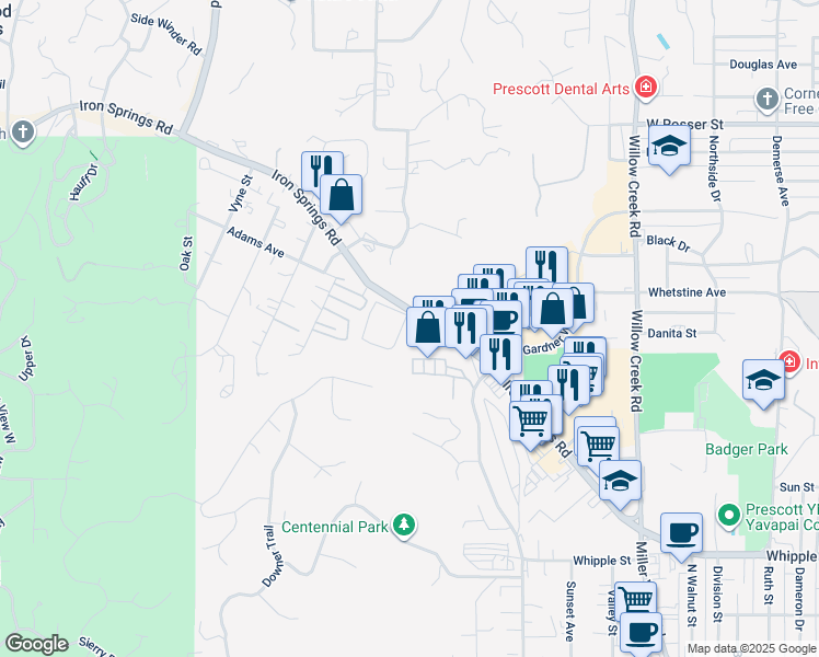 map of restaurants, bars, coffee shops, grocery stores, and more near 1385 West Iron Springs Road in Prescott