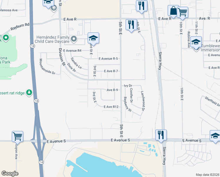 map of restaurants, bars, coffee shops, grocery stores, and more near 37514 4th Street East in Palmdale