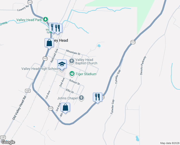 map of restaurants, bars, coffee shops, grocery stores, and more near 485 Church Street in Valley Head