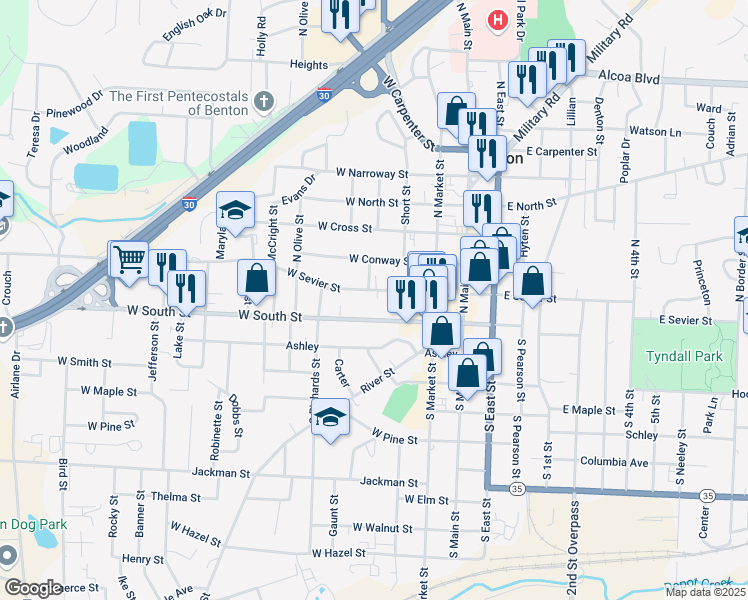 map of restaurants, bars, coffee shops, grocery stores, and more near 404 West Sevier Street in Benton