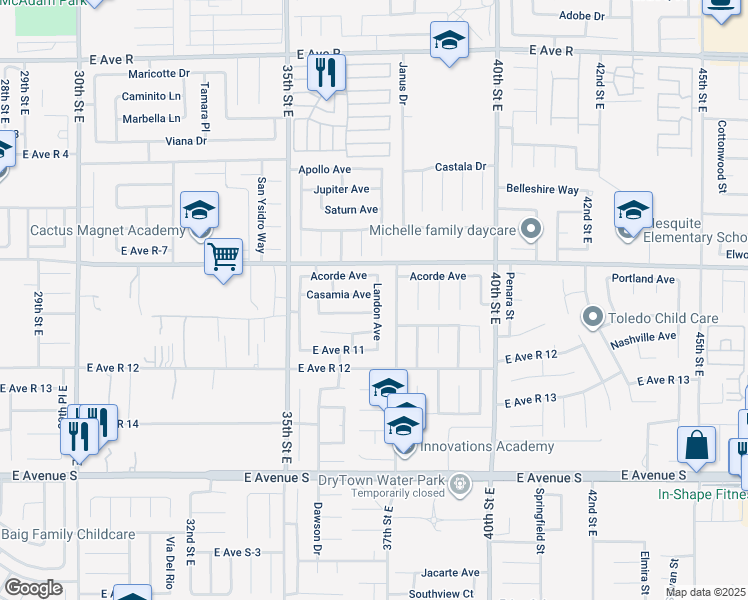 map of restaurants, bars, coffee shops, grocery stores, and more near 3648 Casamia Avenue in Palmdale