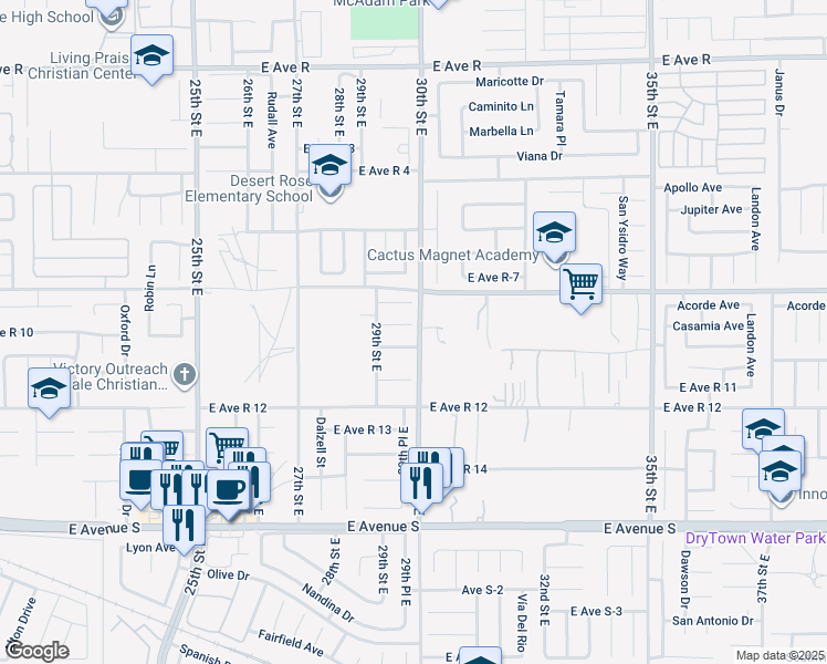 map of restaurants, bars, coffee shops, grocery stores, and more near 2922 Casamia Avenue in Palmdale