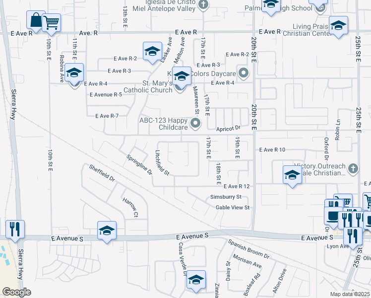 map of restaurants, bars, coffee shops, grocery stores, and more near 1611 Avon Court in Palmdale