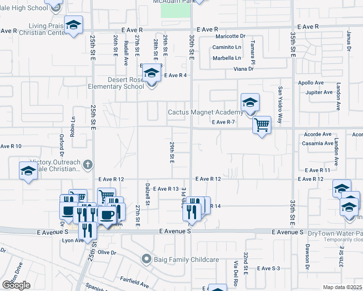 map of restaurants, bars, coffee shops, grocery stores, and more near 2922 Casamia Avenue in Palmdale