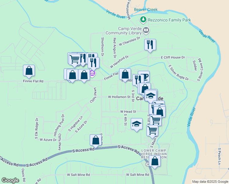 map of restaurants, bars, coffee shops, grocery stores, and more near 284 West Hollamon Street in Camp Verde