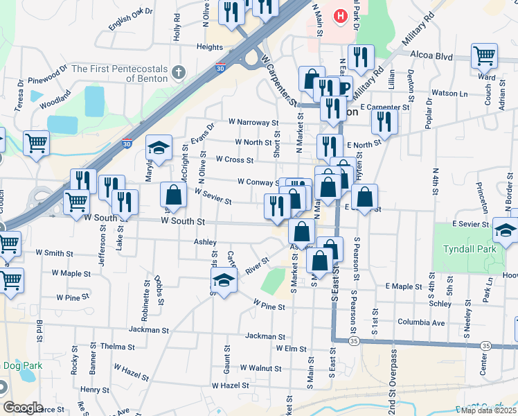 map of restaurants, bars, coffee shops, grocery stores, and more near 404 West Sevier Street in Benton