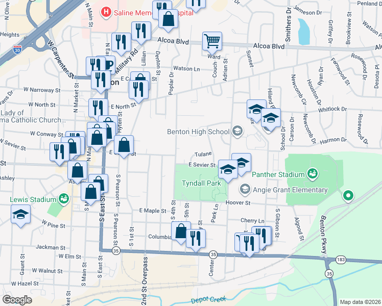 map of restaurants, bars, coffee shops, grocery stores, and more near 802 Tulane in Benton