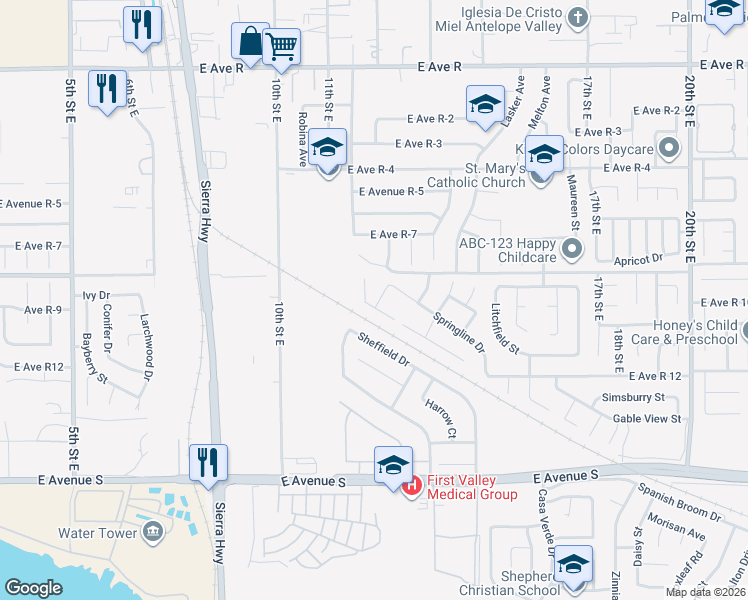 map of restaurants, bars, coffee shops, grocery stores, and more near 1204 Springline Drive in Palmdale