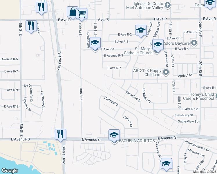 map of restaurants, bars, coffee shops, grocery stores, and more near 1204 Springline Drive in Palmdale