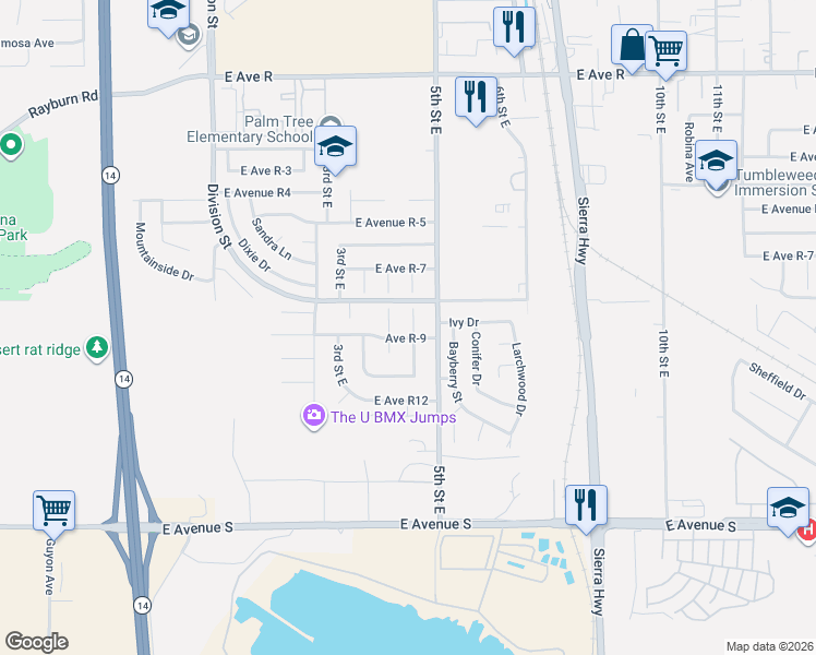 map of restaurants, bars, coffee shops, grocery stores, and more near 37509 Larkin Avenue in Palmdale