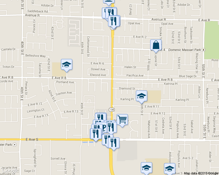 map of restaurants, bars, coffee shops, grocery stores, and more near 37526 Rose Street in Palmdale