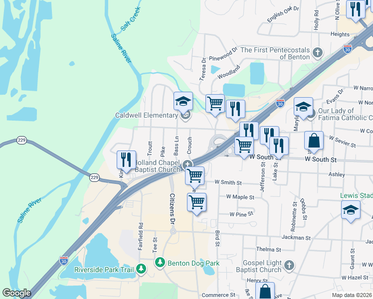 map of restaurants, bars, coffee shops, grocery stores, and more near 202 Crouch in Benton