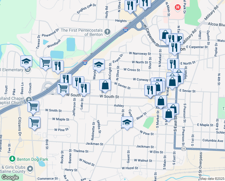 map of restaurants, bars, coffee shops, grocery stores, and more near 107 North Martin Street in Benton