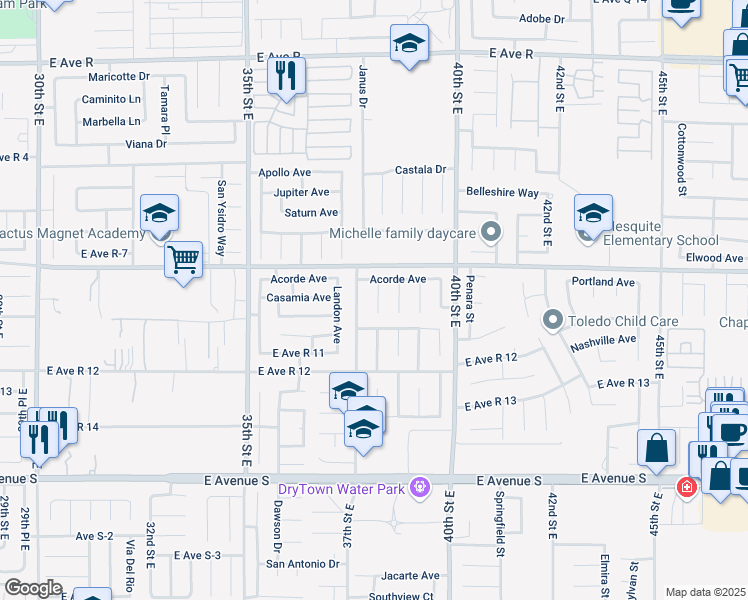 map of restaurants, bars, coffee shops, grocery stores, and more near 37521 Daybreak Street in Palmdale