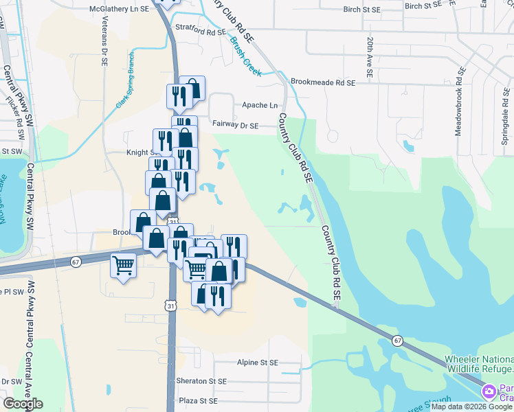 map of restaurants, bars, coffee shops, grocery stores, and more near 150 Country Club Lane Southeast in Decatur