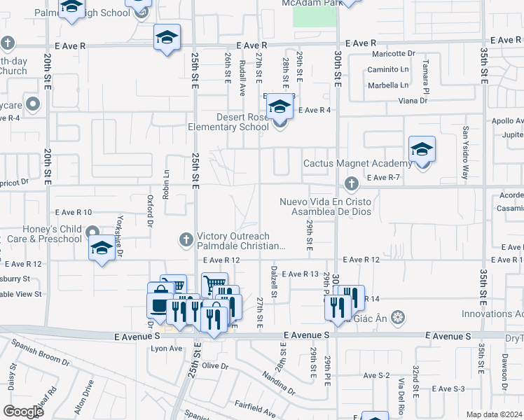 map of restaurants, bars, coffee shops, grocery stores, and more near in Palmdale