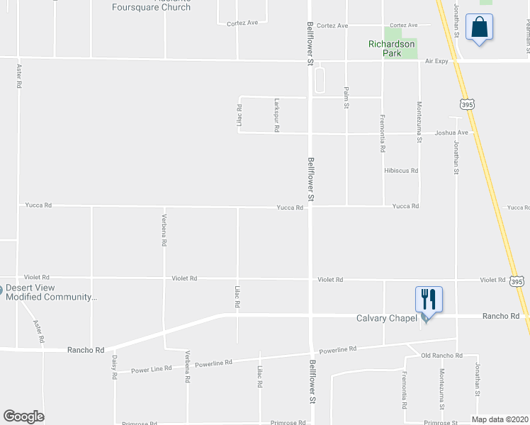map of restaurants, bars, coffee shops, grocery stores, and more near 11101 Yucca Road in Adelanto