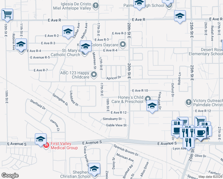 map of restaurants, bars, coffee shops, grocery stores, and more near 37533 Silk Tree Lane in Palmdale