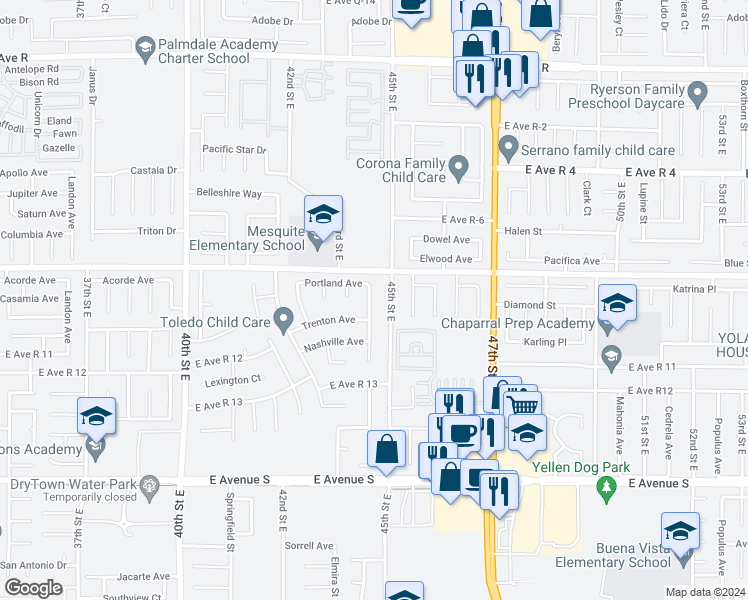 map of restaurants, bars, coffee shops, grocery stores, and more near 37524 Manchester Street in Palmdale