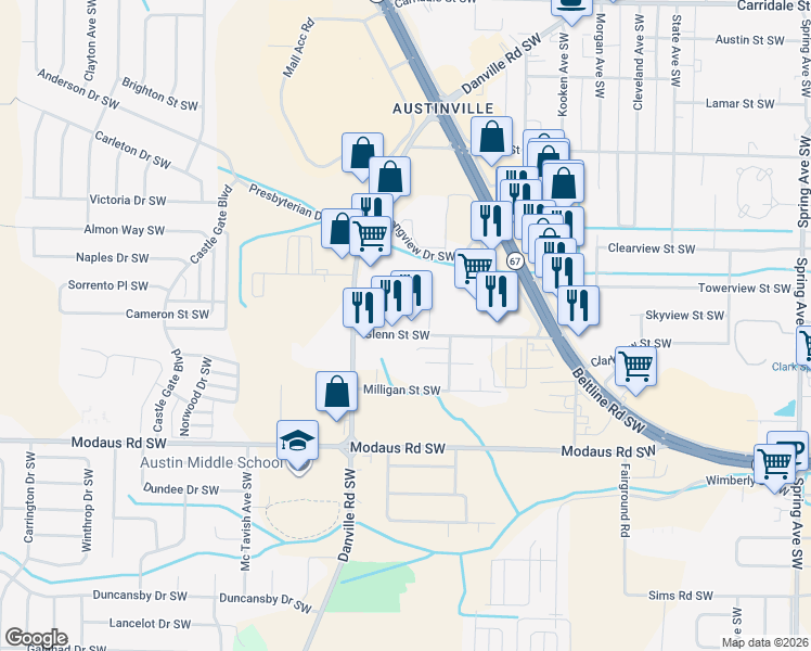 map of restaurants, bars, coffee shops, grocery stores, and more near 1808 Glenn Street Southwest in Decatur