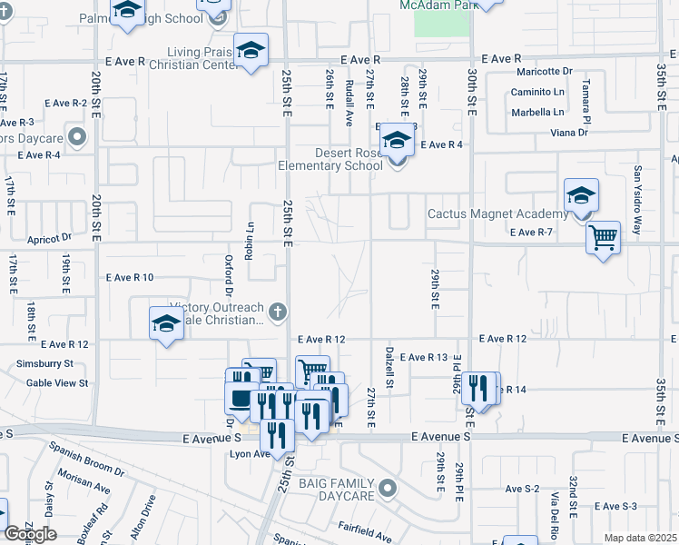 map of restaurants, bars, coffee shops, grocery stores, and more near 26th Street East in Palmdale