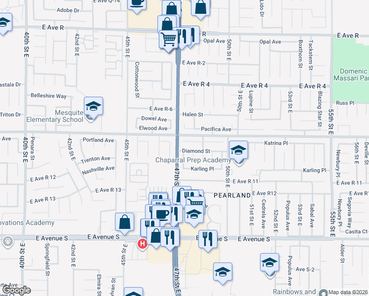 map of restaurants, bars, coffee shops, grocery stores, and more near 4715 Diamond Street in Palmdale