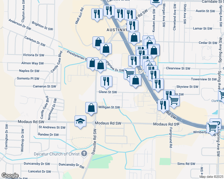 map of restaurants, bars, coffee shops, grocery stores, and more near 1808 Glenn Street Southwest in Decatur