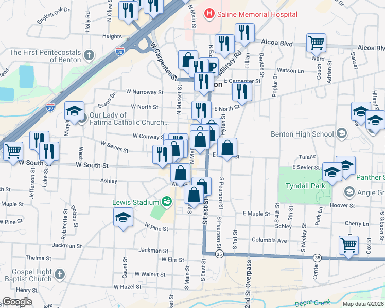 map of restaurants, bars, coffee shops, grocery stores, and more near in Benton