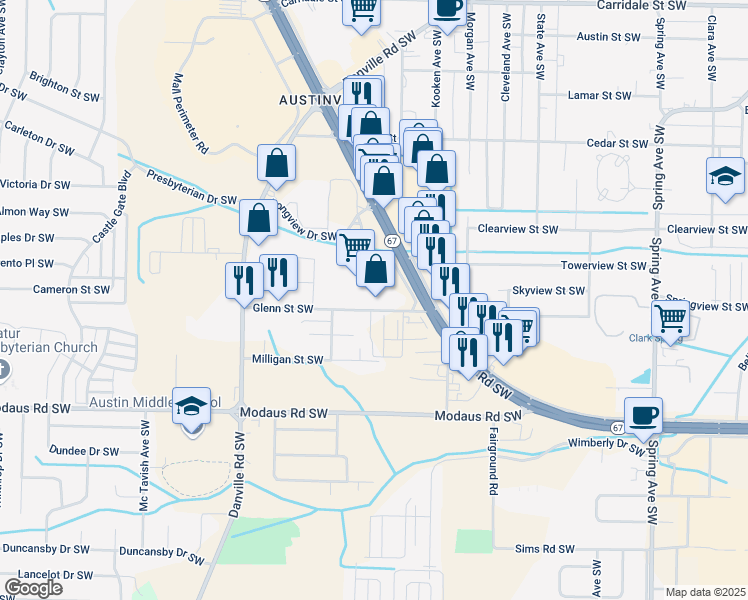 map of restaurants, bars, coffee shops, grocery stores, and more near 1605 Beltline Road Southwest in Decatur