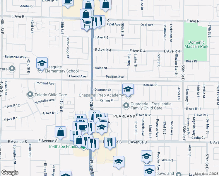 map of restaurants, bars, coffee shops, grocery stores, and more near 4809 Diamond Street in Palmdale