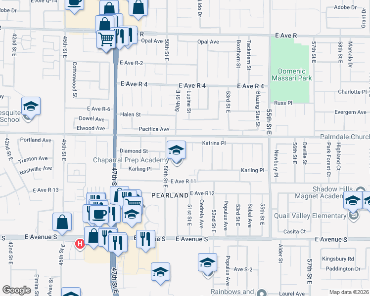 map of restaurants, bars, coffee shops, grocery stores, and more near 37540 Winchester Court in Palmdale