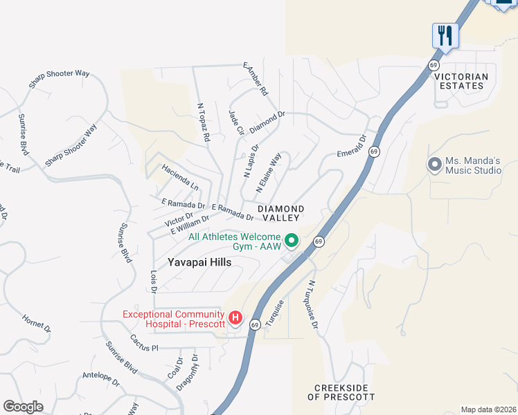 map of restaurants, bars, coffee shops, grocery stores, and more near 4895 Gemstone Drive in Prescott