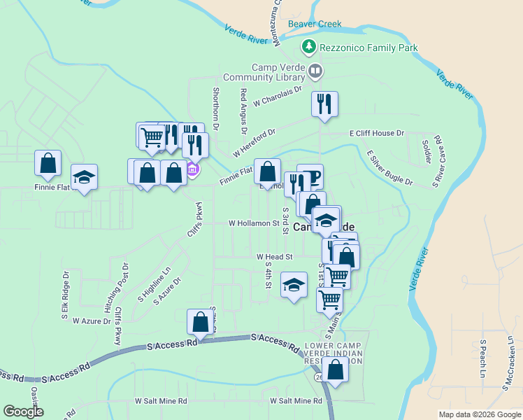 map of restaurants, bars, coffee shops, grocery stores, and more near 334 South 4th Street in Camp Verde