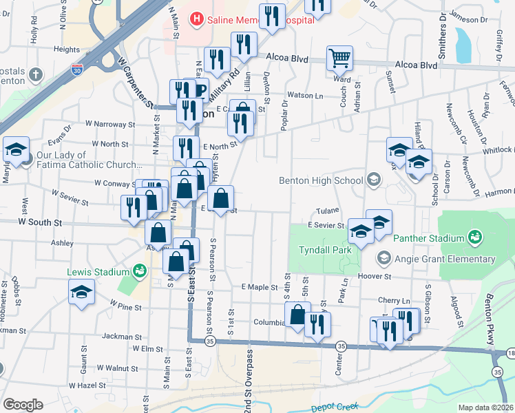 map of restaurants, bars, coffee shops, grocery stores, and more near 504 East Sevier Street in Benton