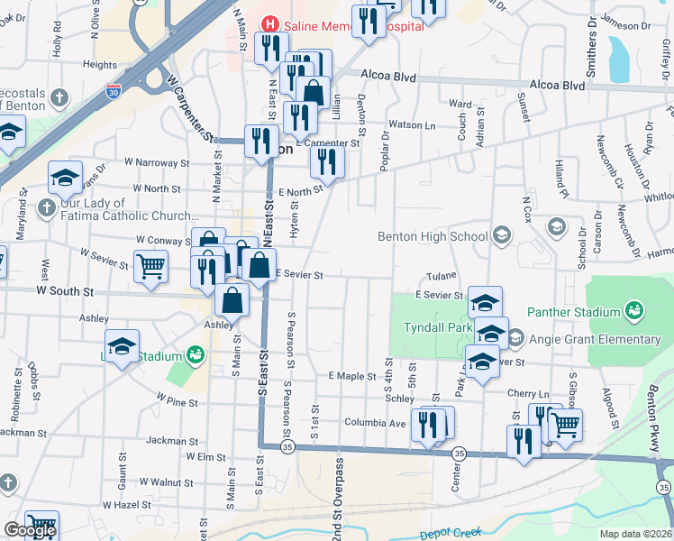 map of restaurants, bars, coffee shops, grocery stores, and more near 504 East Sevier Street in Benton